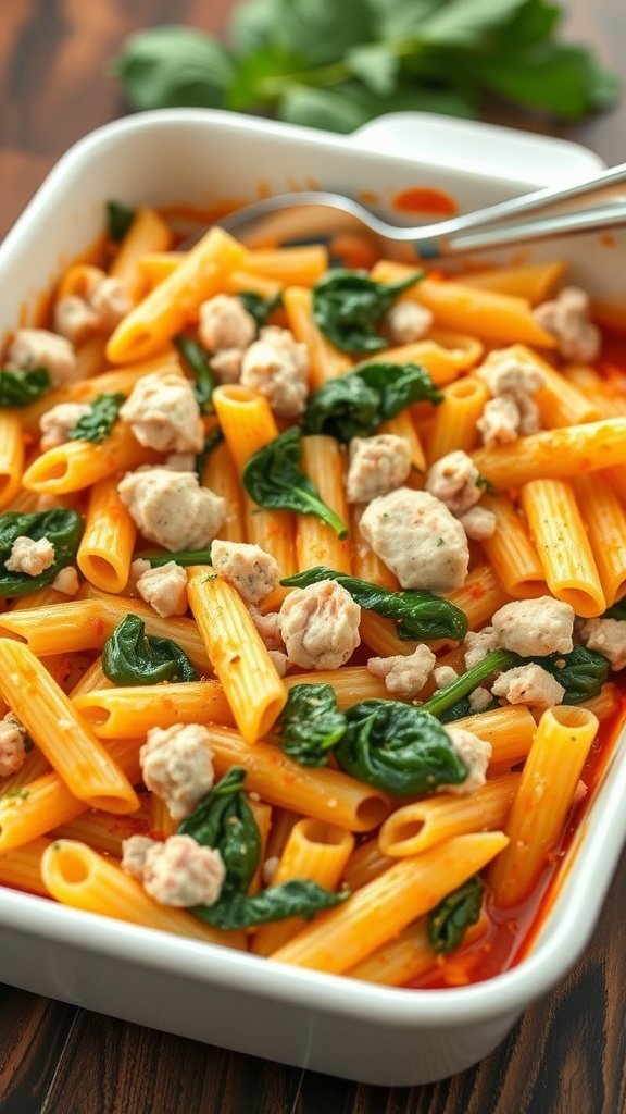 A dish of baked tuna and spinach pasta with tomato sauce and fresh spinach leaves.