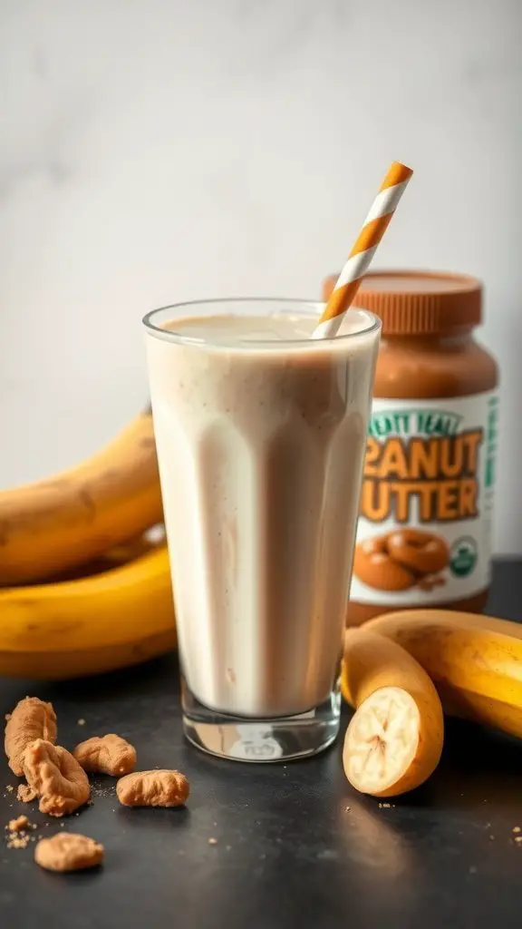 A glass of banana and peanut butter smoothie with bananas and peanut butter jar in the background.