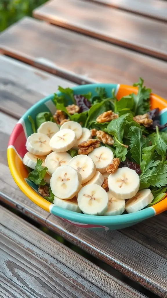 A colorful bowl of banana and walnut salad on a wooden table.