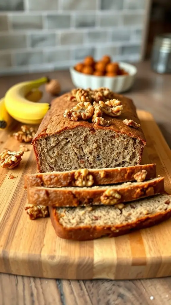 A freshly baked banana bread with walnuts on a wooden cutting board, surrounded by ripe bananas and walnuts.