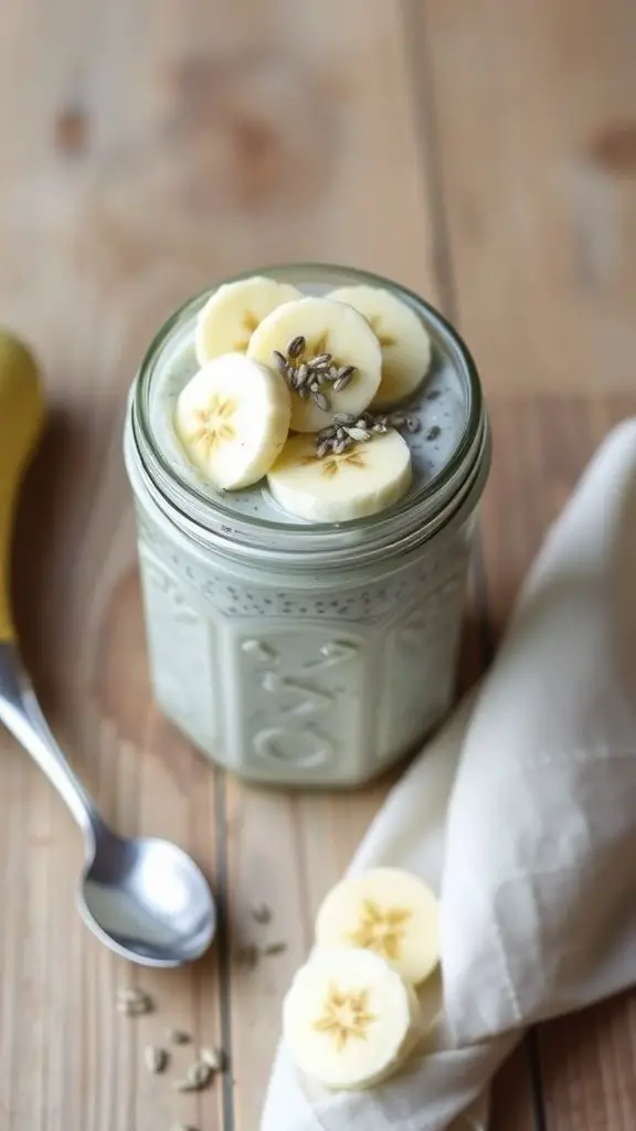 A jar of banana chia seed pudding topped with banana slices and chia seeds on a wooden table.