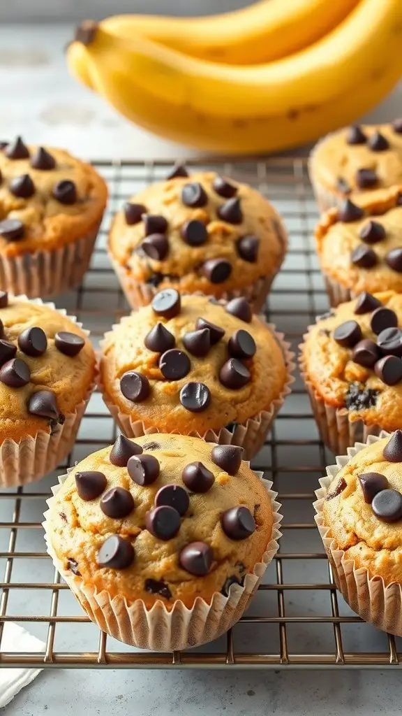 Freshly baked banana chocolate chip muffins on a cooling rack with bananas in the background.