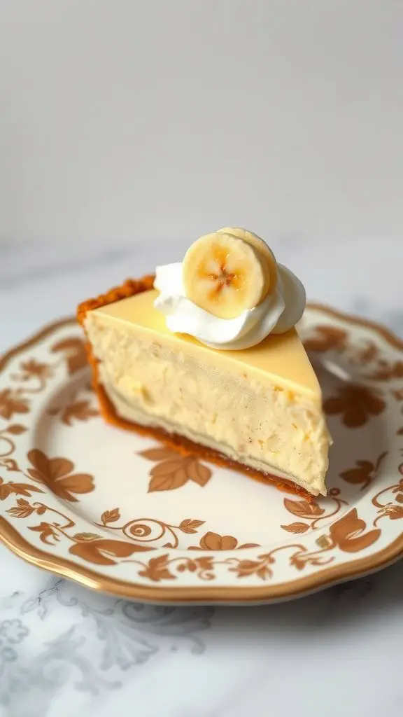 A slice of banana cream pie topped with whipped cream and banana slices on a floral plate.