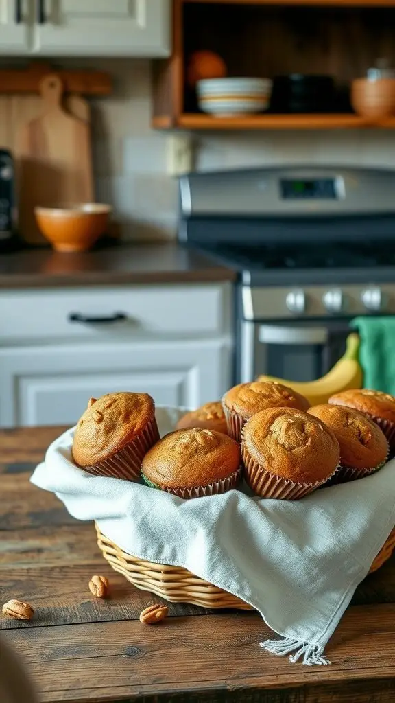 A basket of freshly baked banana nut muffins on a kitchen table, with some pecans scattered nearby.