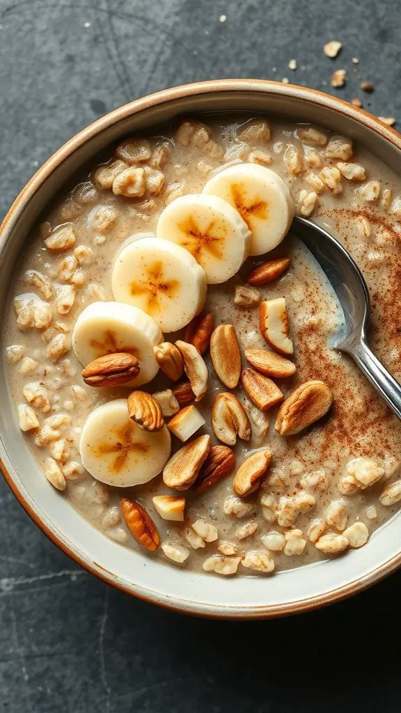 A bowl of banana nut oatmeal topped with sliced bananas and nuts.