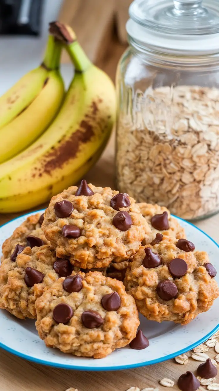 A plate of banana oatmeal cookies with chocolate chips, surrounded by ripe bananas and a jar of oats.