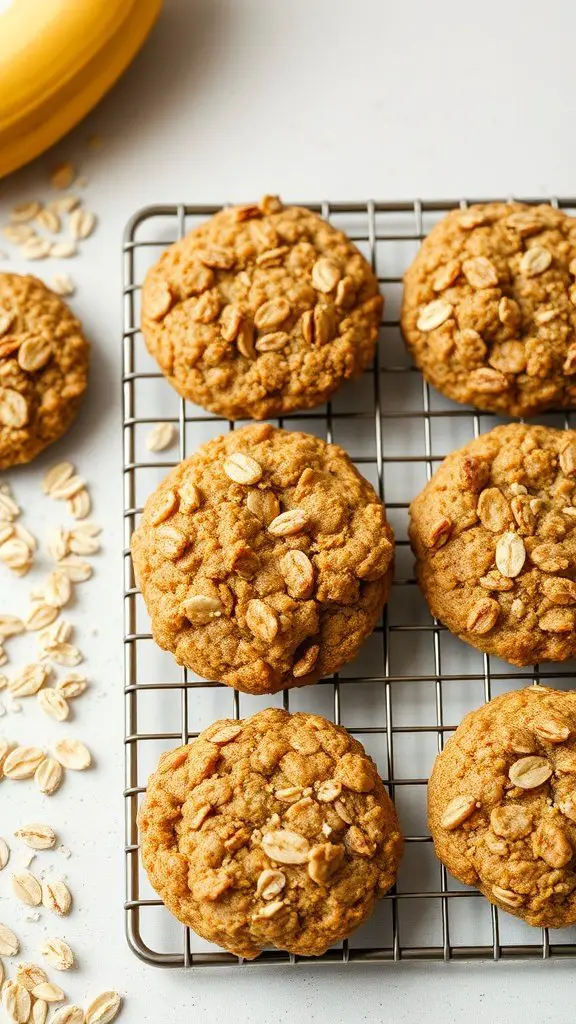 Freshly baked banana oatmeal cookies cooling on a wire rack with scattered oats.