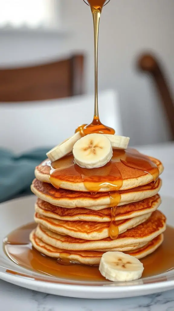 Stack of banana pancakes topped with banana slices and dripping maple syrup