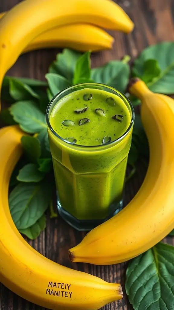 A refreshing green banana smoothie surrounded by ripe yellow bananas and fresh spinach leaves