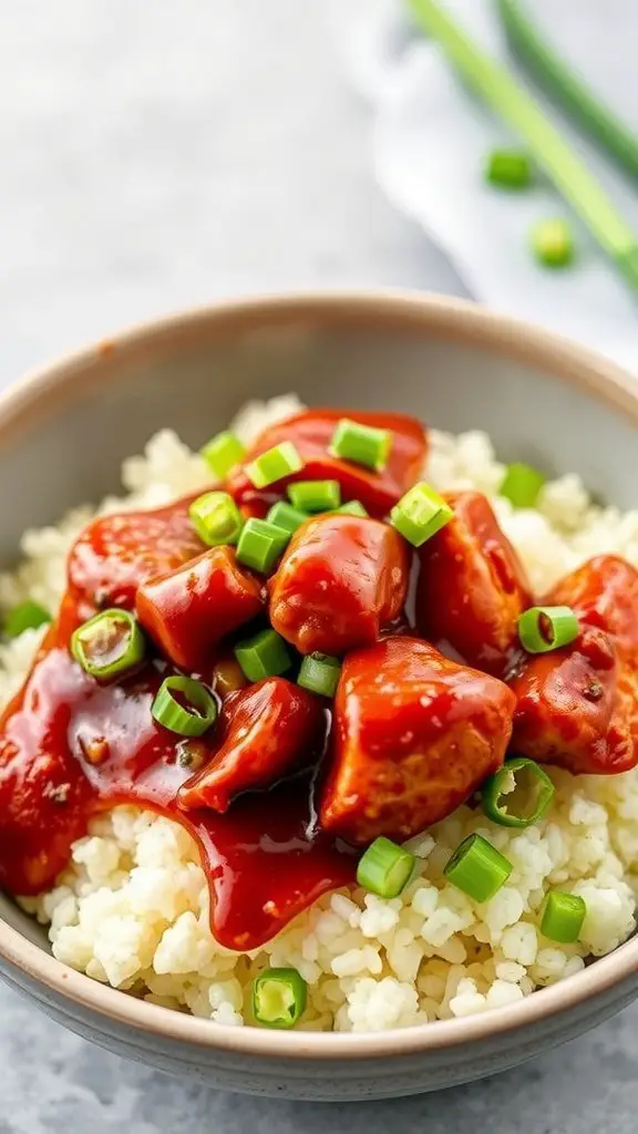 A bowl of BBQ chicken on a bed of cauliflower rice, topped with green onions.