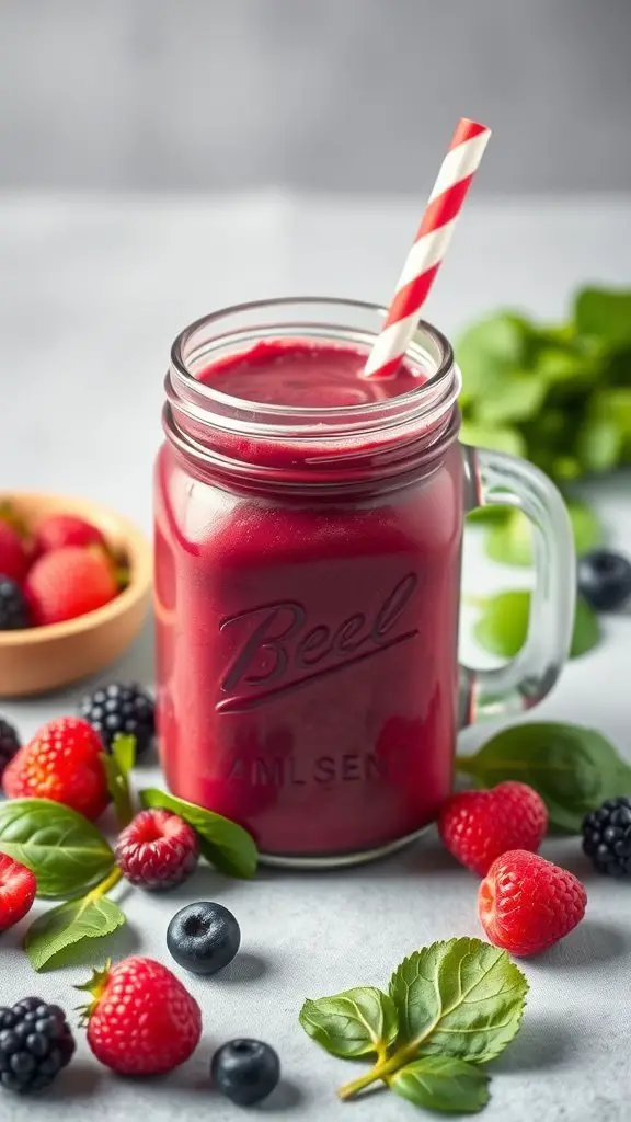 A vibrant berry and spinach smoothie in a glass jar with a striped straw, surrounded by fresh berries and spinach leaves.