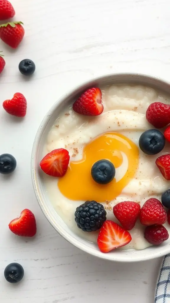A bowl of creamy porridge topped with fresh strawberries, blueberries, and a hint of honey.