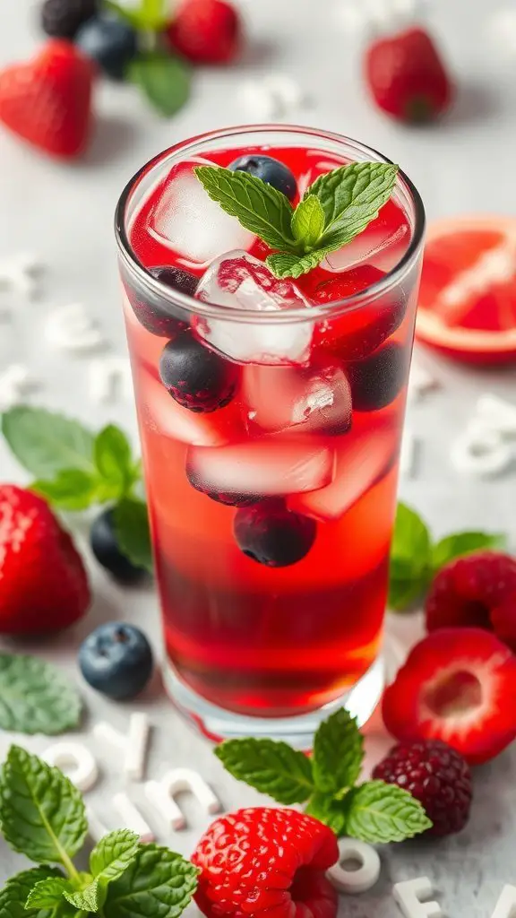 A tall glass of Berry Hibiscus Iced Tea with ice, blueberries, raspberries, and mint on top.