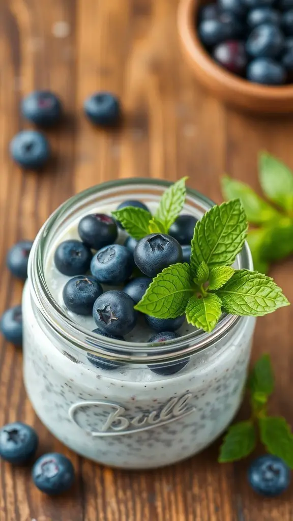 A jar of blueberry chia seed pudding topped with fresh blueberries and mint leaves, placed on a wooden surface.