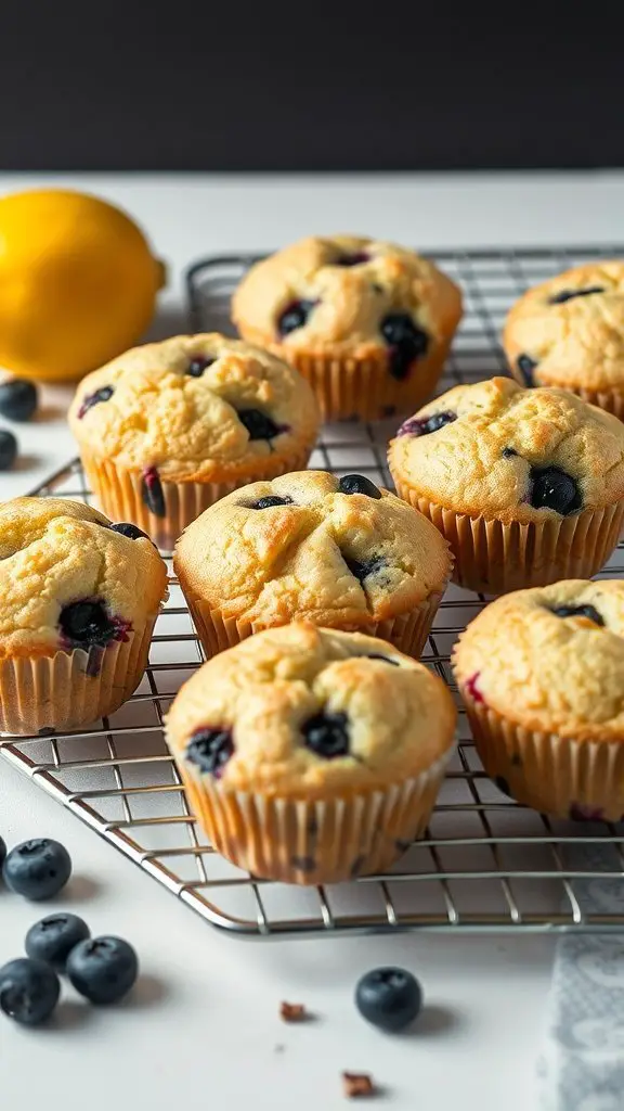 Freshly baked blueberry lemon muffins on a cooling rack with a lemon and blueberries around them.