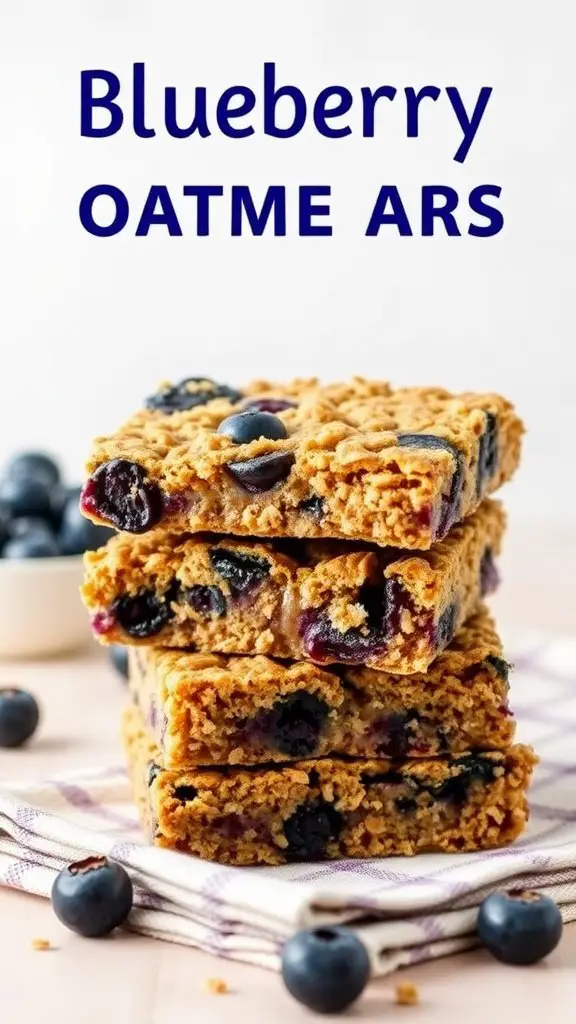 Stack of blueberry oatmeal bars with fresh blueberries around