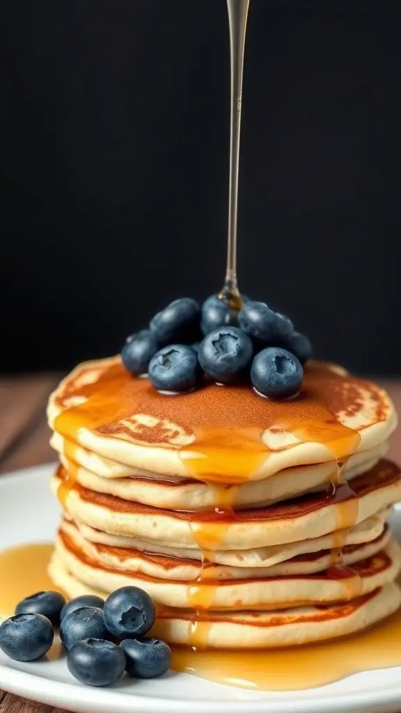 A stack of pancakes topped with blueberries and drizzled with maple syrup