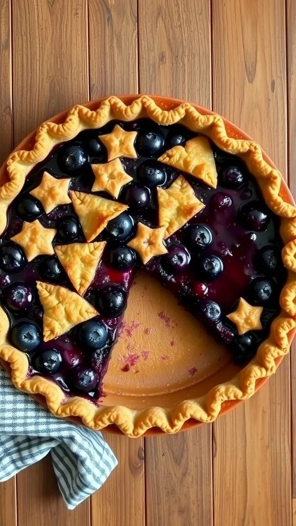 A homemade blueberry pie with a flaky crust and star-shaped pastry decorations, sitting on a wooden table.