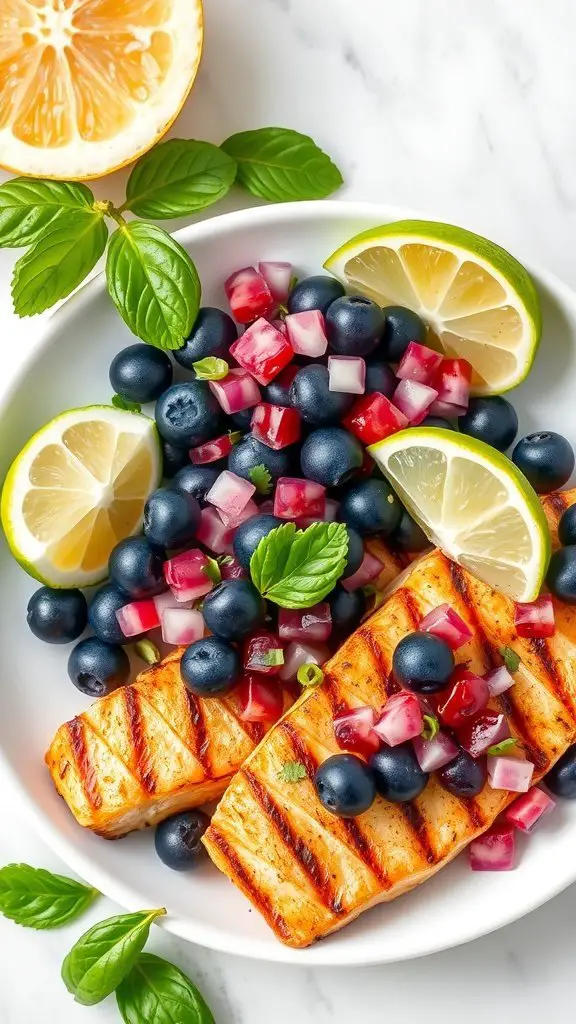 A plate of grilled fish topped with blueberry salsa, garnished with lemon and lime slices.
