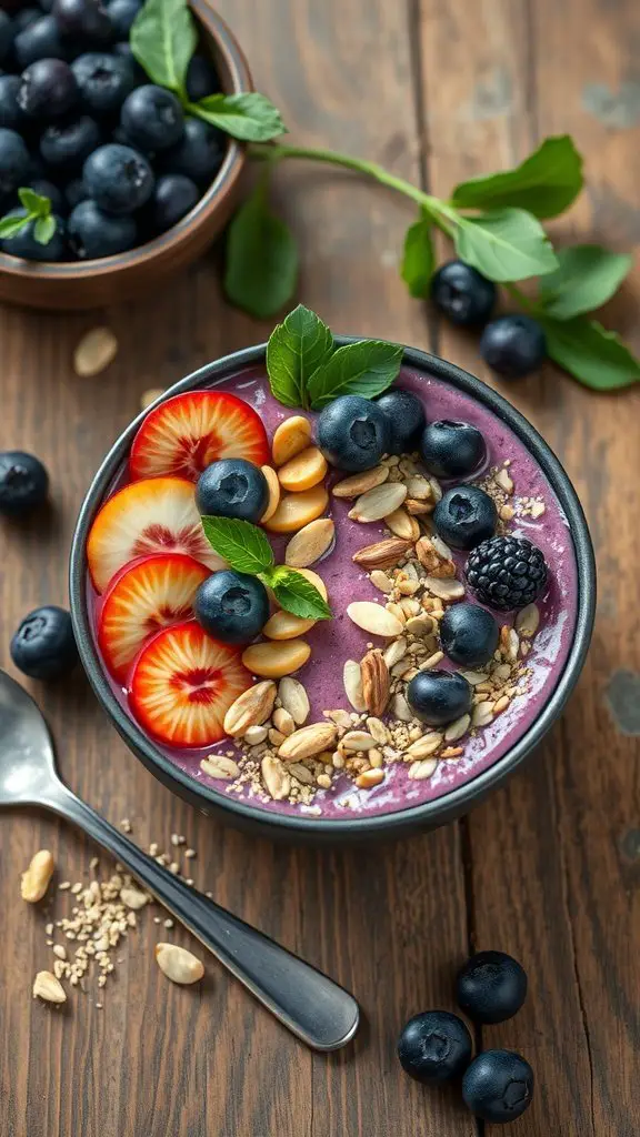 A vibrant blueberry smoothie bowl topped with fresh fruit, nuts, and granola on a wooden table.