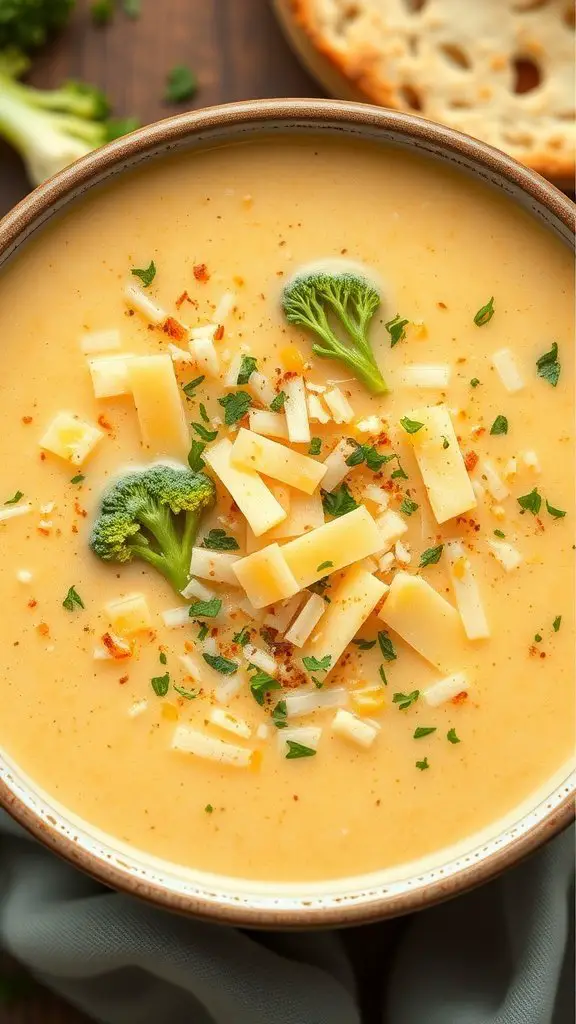 A warm bowl of broccoli cheddar soup topped with cheese and broccoli florets.