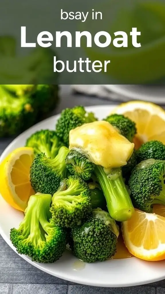 A plate of broccoli drizzled in lemon butter, with lemon wedges on the side.