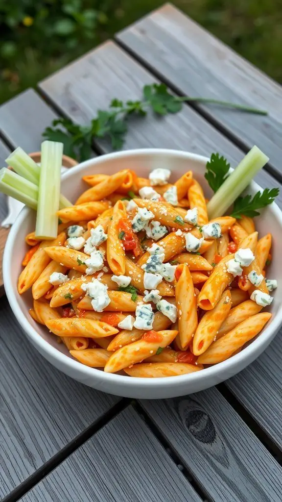 A bowl of Buffalo Chicken Pasta Salad with penne pasta, crumbled blue cheese, and celery sticks on a wooden table.