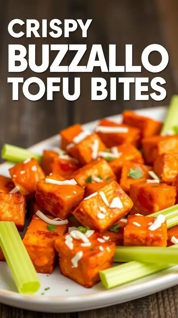 Plate of crispy Buffalo Tofu Bites garnished with celery sticks