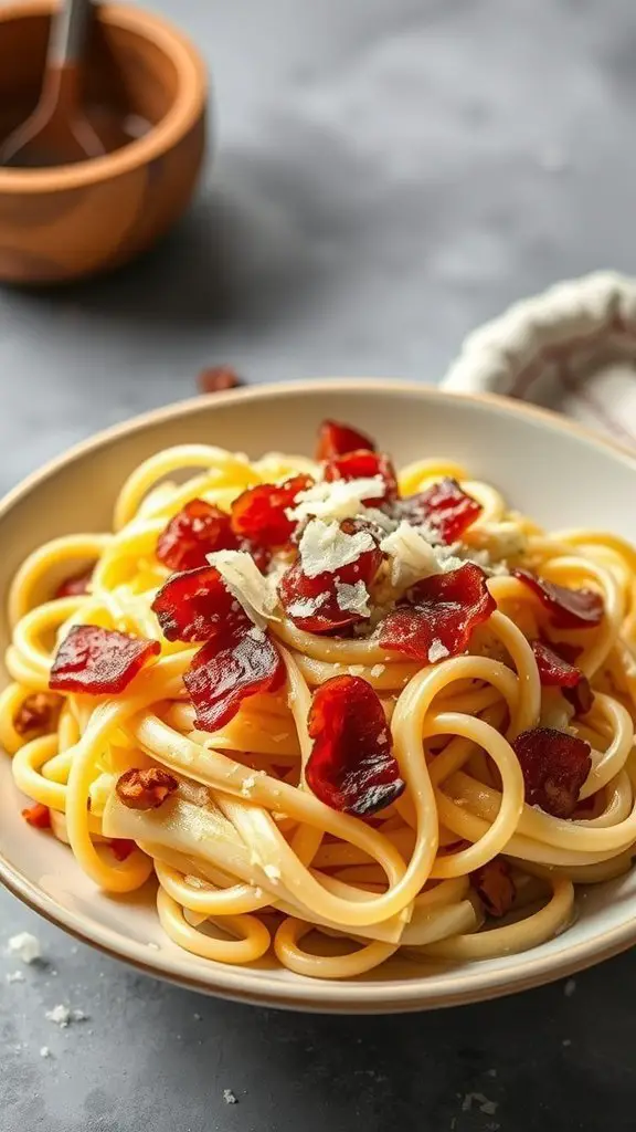 A plate of pasta tossed with cabbage and crispy bacon, topped with cheese.