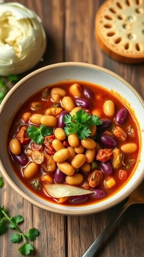 A bowl of cabbage and bean vegetarian chili with various beans and fresh cilantro on top.