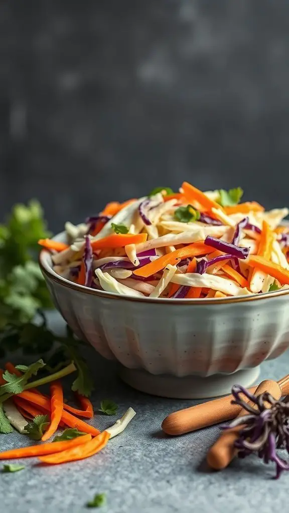 A bowl of colorful cabbage and carrot coleslaw with a creamy dressing