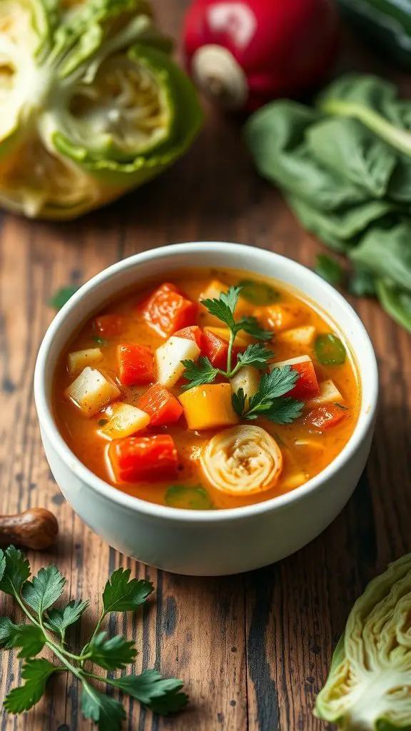 A bowl of cabbage soup loaded with vegetables, surrounded by fresh cabbage leaves and herbs on a wooden table.