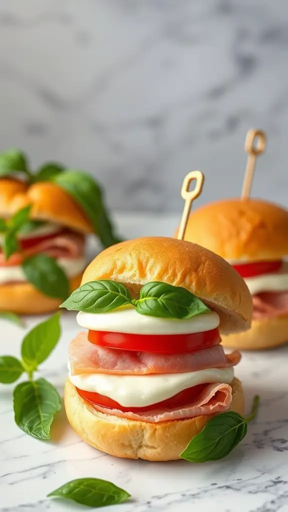 Caprese ham sliders with ham, mozzarella, tomato, and basil on a marble surface