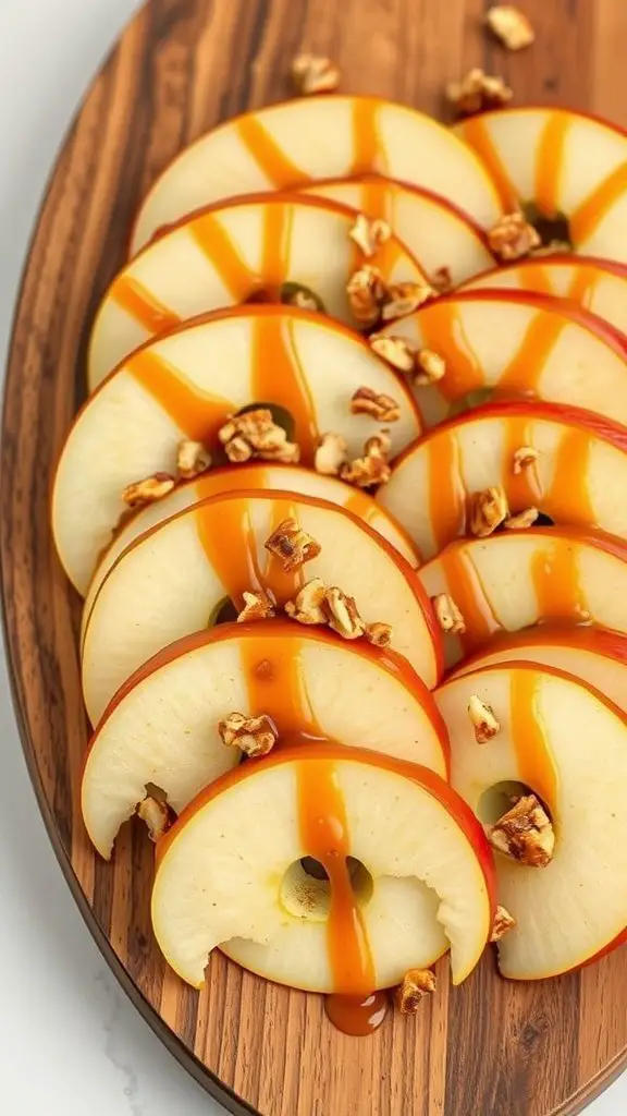 Sliced apples drizzled with caramel and topped with chopped nuts on a wooden platter.