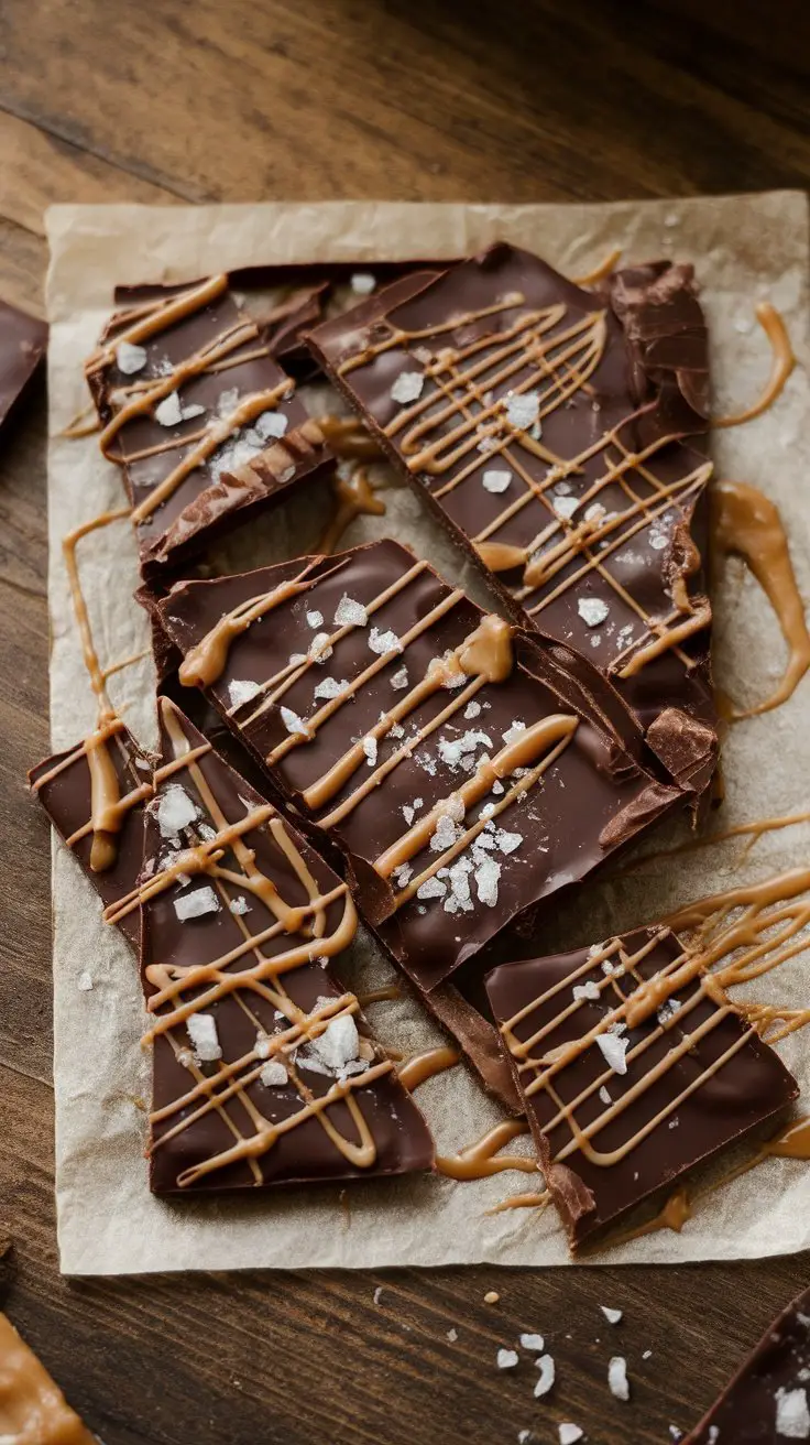 Delicious chocolate bark with caramel drizzle and sea salt sprinkled on top.