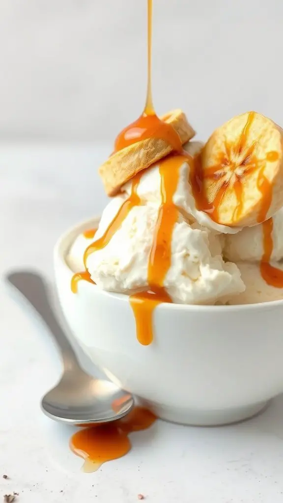 A bowl of ice cream topped with caramelized banana slices and caramel sauce.