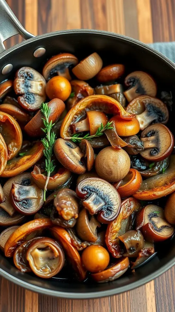 A skillet filled with caramelized onions and various mushrooms, garnished with thyme.