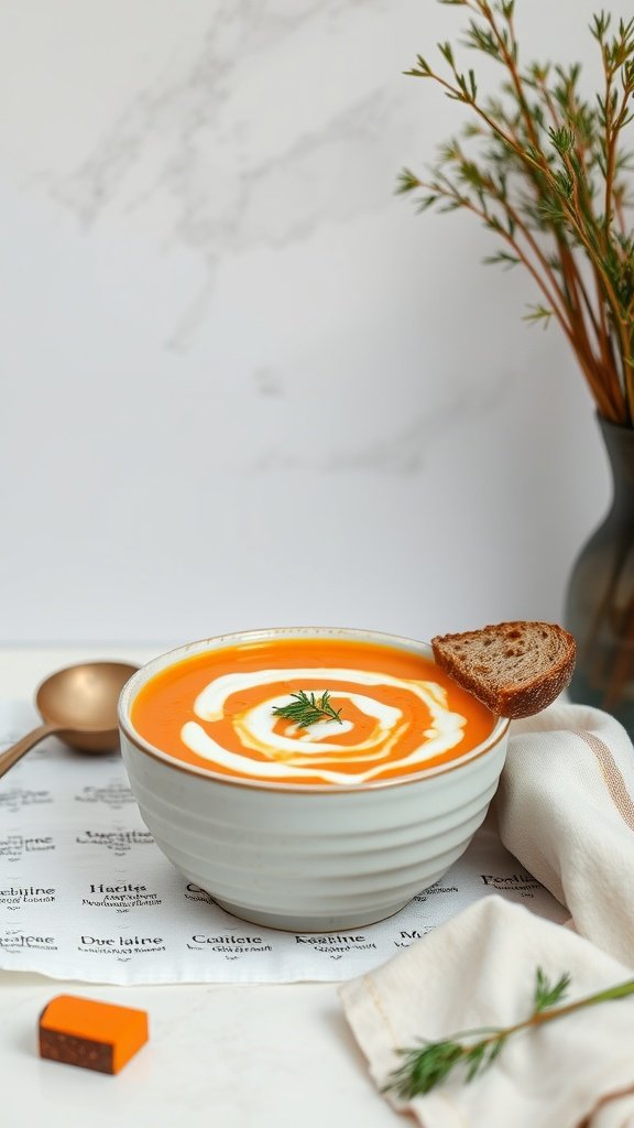 A bowl of carrot ginger soup topped with coconut milk swirls and fresh herbs, accompanied by a slice of bread.