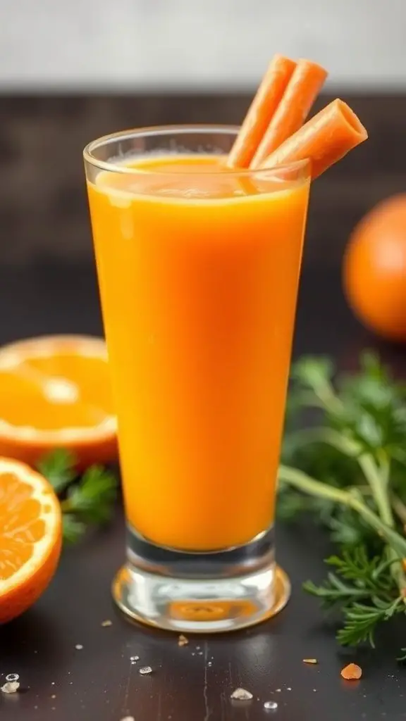 A glass of bright orange carrot orange detox juice with carrot sticks and fresh oranges around it