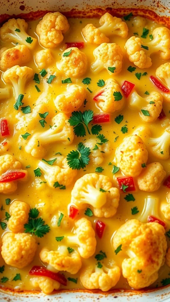 A creamy cauliflower and cheese casserole topped with fresh herbs and red pepper pieces.