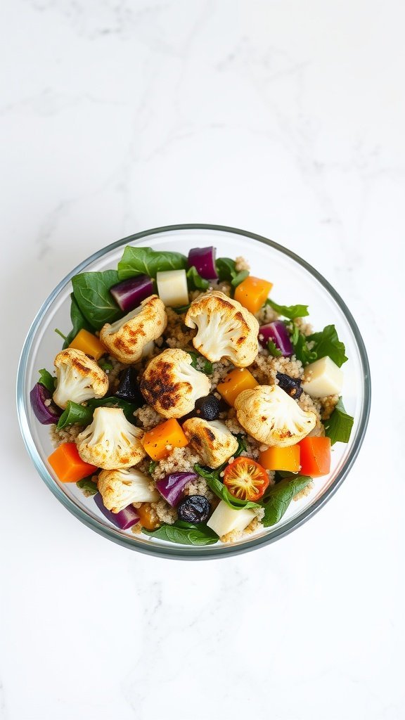 A colorful bowl of cauliflower and quinoa salad with various vegetables.