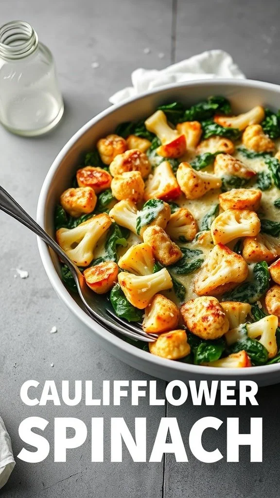 A bowl of Cauliflower and Spinach Bake with cheesy topping and a spoon inside.