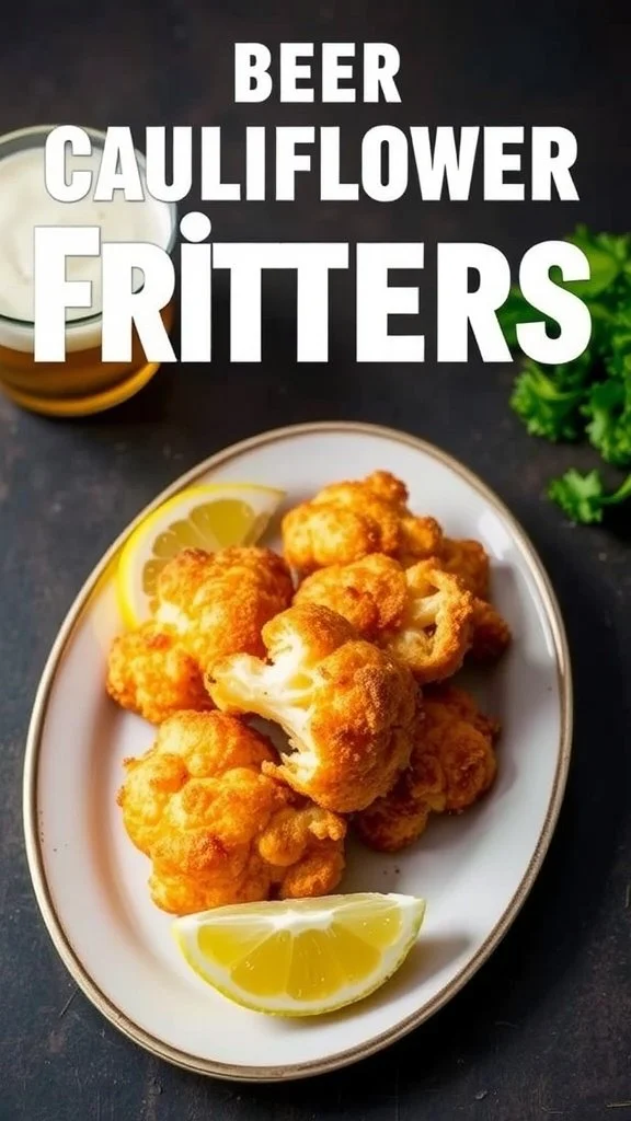 Beer battered cauliflower fritters on a plate with lemon slices and a glass of beer
