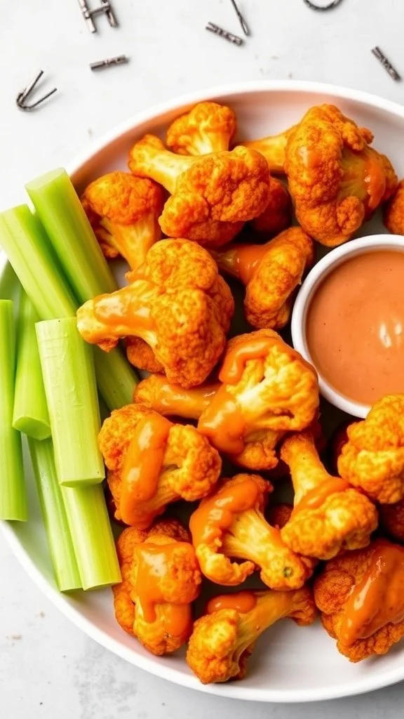 A plate of cauliflower buffalo wings drizzled with sauce, served with celery sticks and a dipping sauce