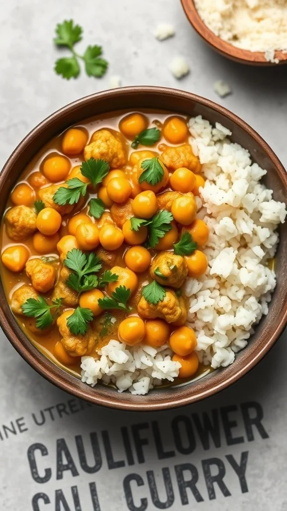 A bowl of cauliflower curry with chickpeas served over rice, garnished with cilantro.