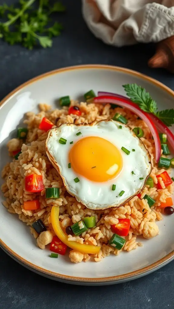A plate of cauliflower fried rice with colorful vegetables and a fried egg on top.