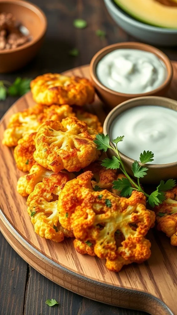 A platter of golden cauliflower fritters with bowls of yogurt dip and fresh cilantro.