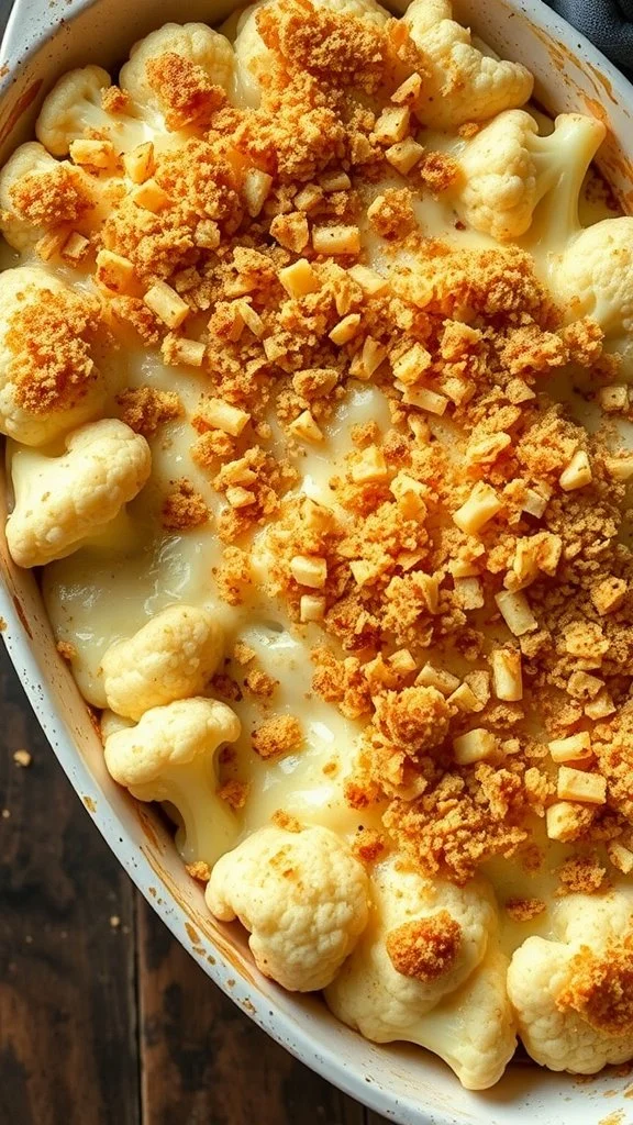 A creamy cauliflower gratin topped with golden breadcrumbs and pieces of cheese.