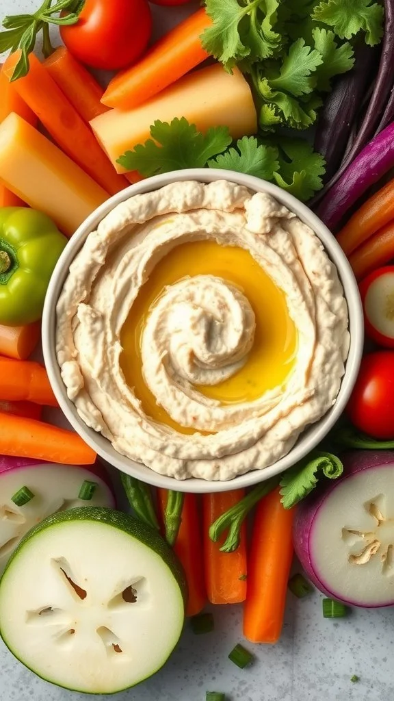 A bowl of cauliflower hummus surrounded by fresh vegetables