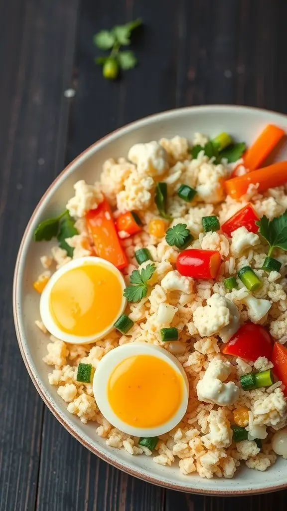 A bowl of cauliflower rice stir-fry with colorful vegetables and two soft-boiled eggs on top, set on a wooden table.